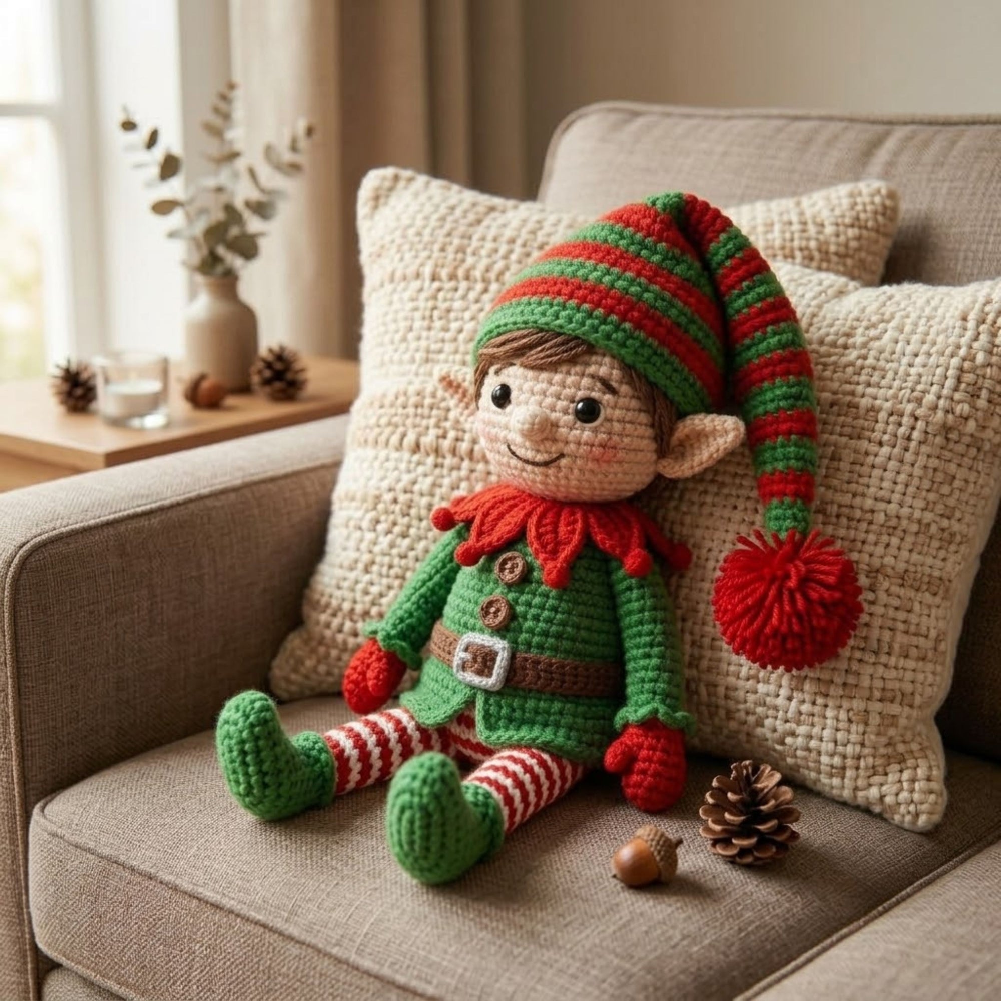 Handmade Crochet Christmas Elf Plush, Cute Amigurumi Elf Doll, Holiday Yarn Toy, Soft Santa Helper Gift for Kids Xmas Decor