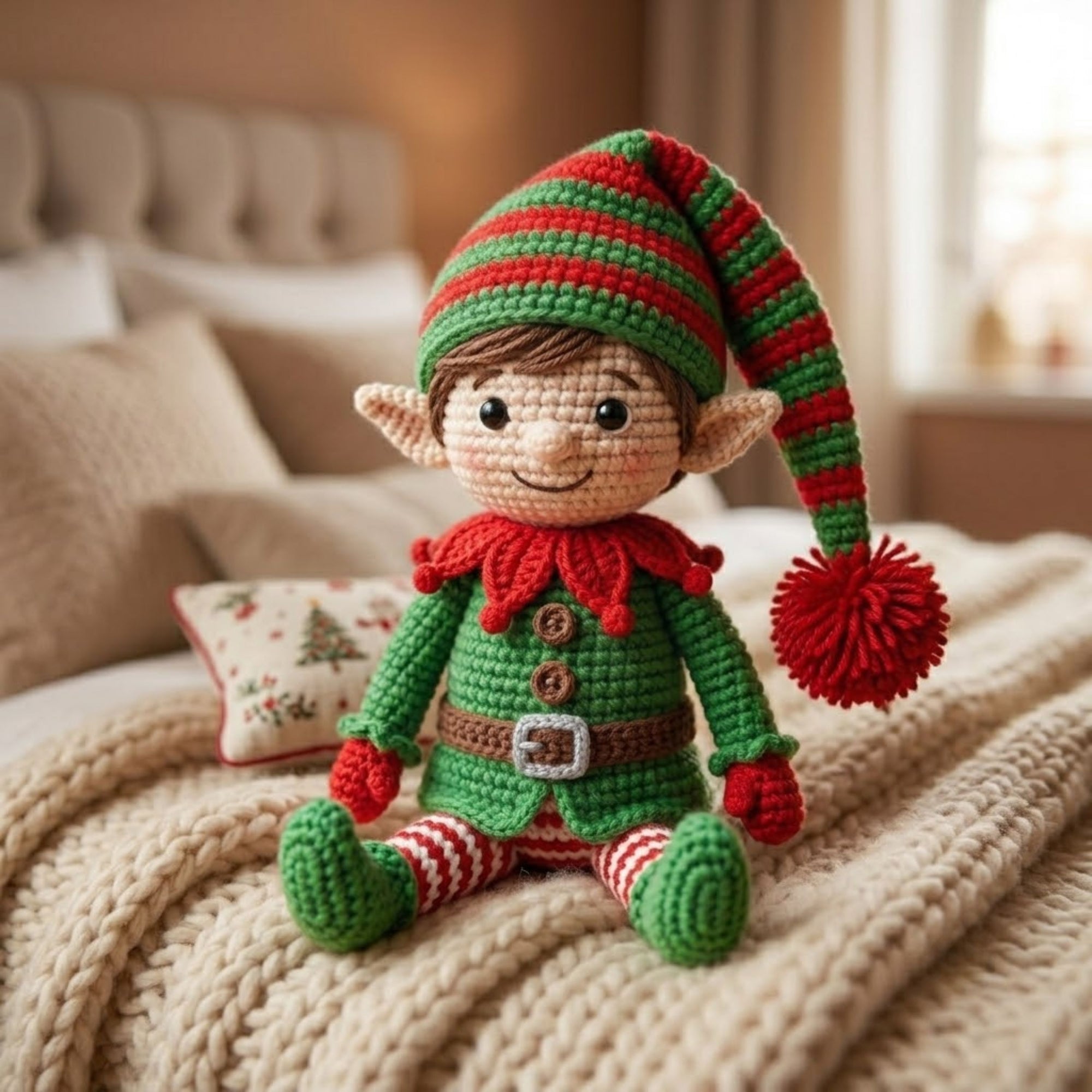 Handmade Crochet Christmas Elf Plush, Cute Amigurumi Elf Doll, Holiday Yarn Toy, Soft Santa Helper Gift for Kids Xmas Decor