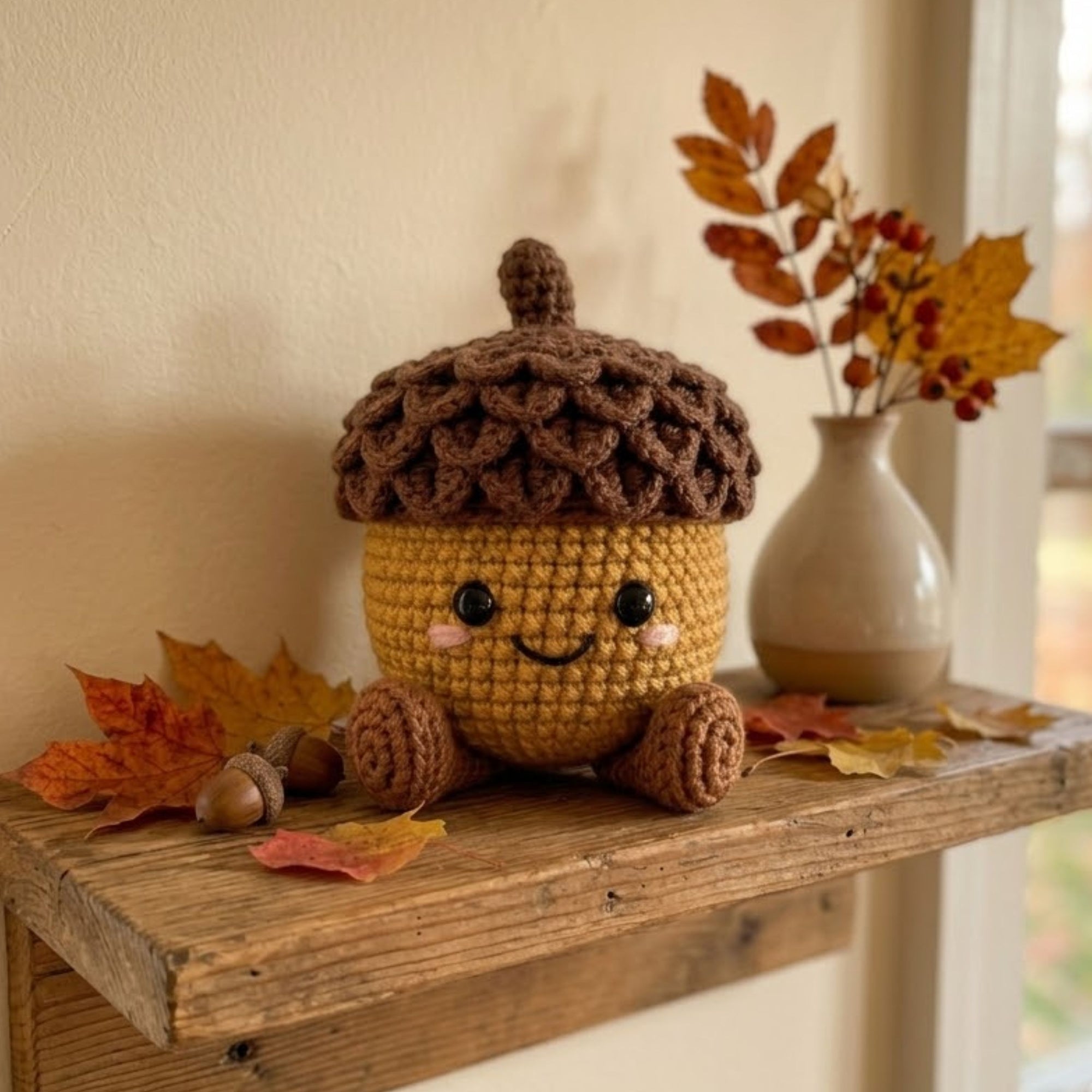 Handmade Crochet Acorn Plush, Cute Amigurumi Acorn Doll, Autumn Fall Forest Yarn Toy, Soft Woodland Gift for Kids Nursery Home Decor