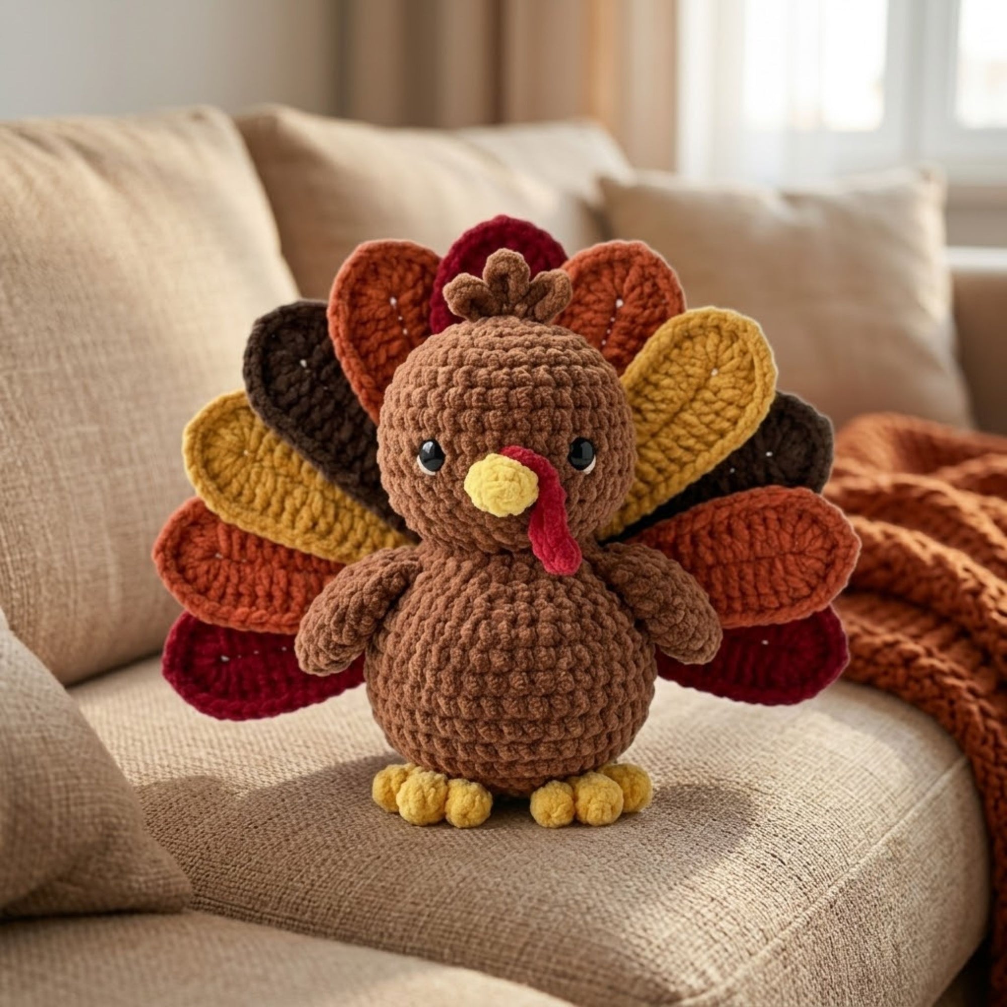 Handmade Crochet Turkey Plush, Cute Amigurumi Thanksgiving Turkey Doll, Fall Yarn Bird Toy, Soft Woodland Gift for Kids Home Decor
