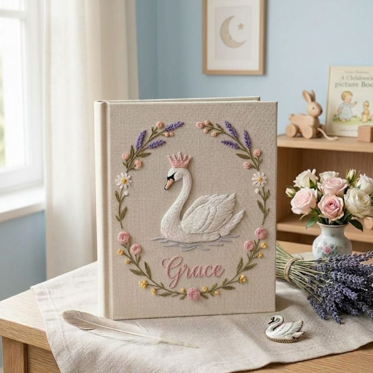 Personalized Baby Photo Album, Hand Embroidered Dinosaur Memory Book, Custom Name Keepsake, Woodland Nursery Gift, Newborn, Baby Shower Gift