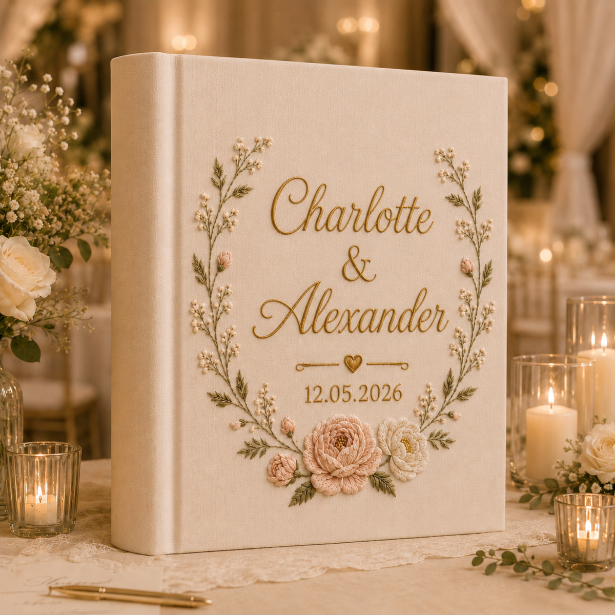 Custom Hand Embroidered Linen Photo Album, Floral Wedding Keepsake Album, Custom Memory Book, Flower Embroidered Photo Album