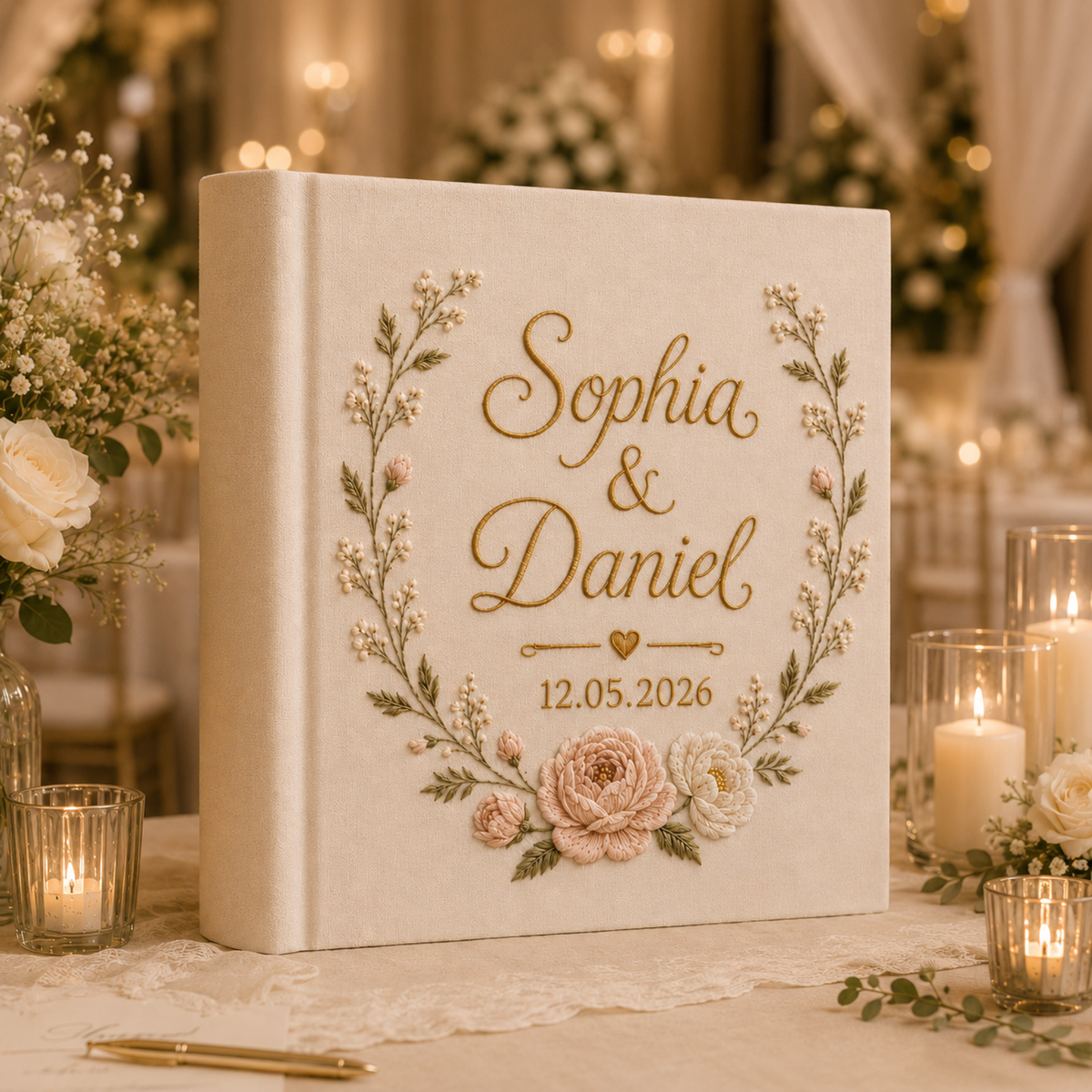 Custom Hand Embroidered Linen Photo Album, Floral Wedding Keepsake Album, Custom Memory Book, Flower Embroidered Photo Album