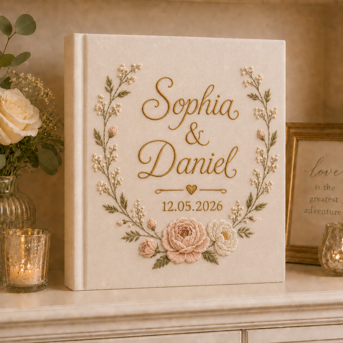 Custom Hand Embroidered Linen Photo Album, Floral Wedding Keepsake Album, Custom Memory Book, Flower Embroidered Photo Album