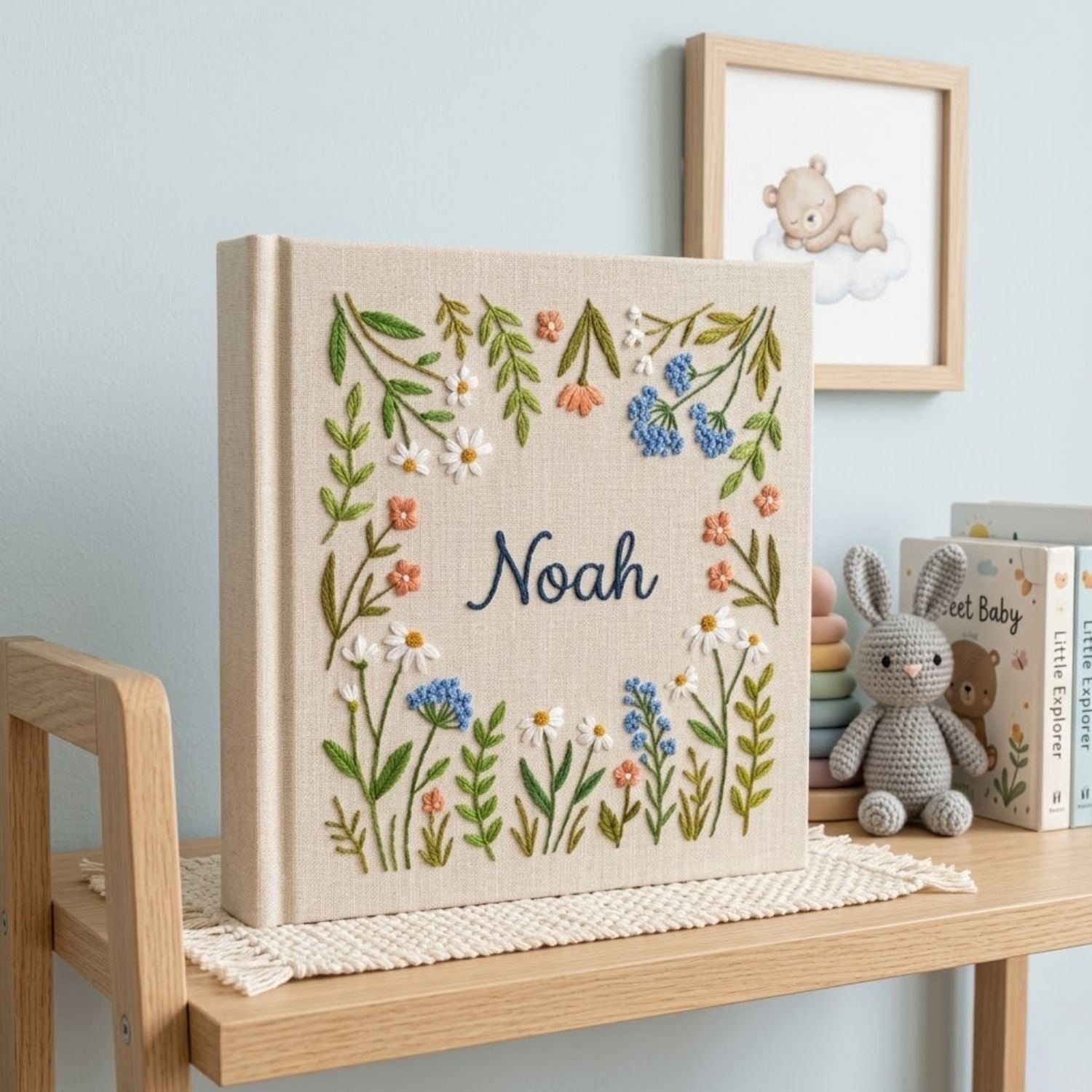 Personalized Baby Photo Album, Hand Embroidered Dinosaur Memory Book, Custom Name Keepsake, Woodland Nursery Gift, Newborn, Baby Shower Gift
