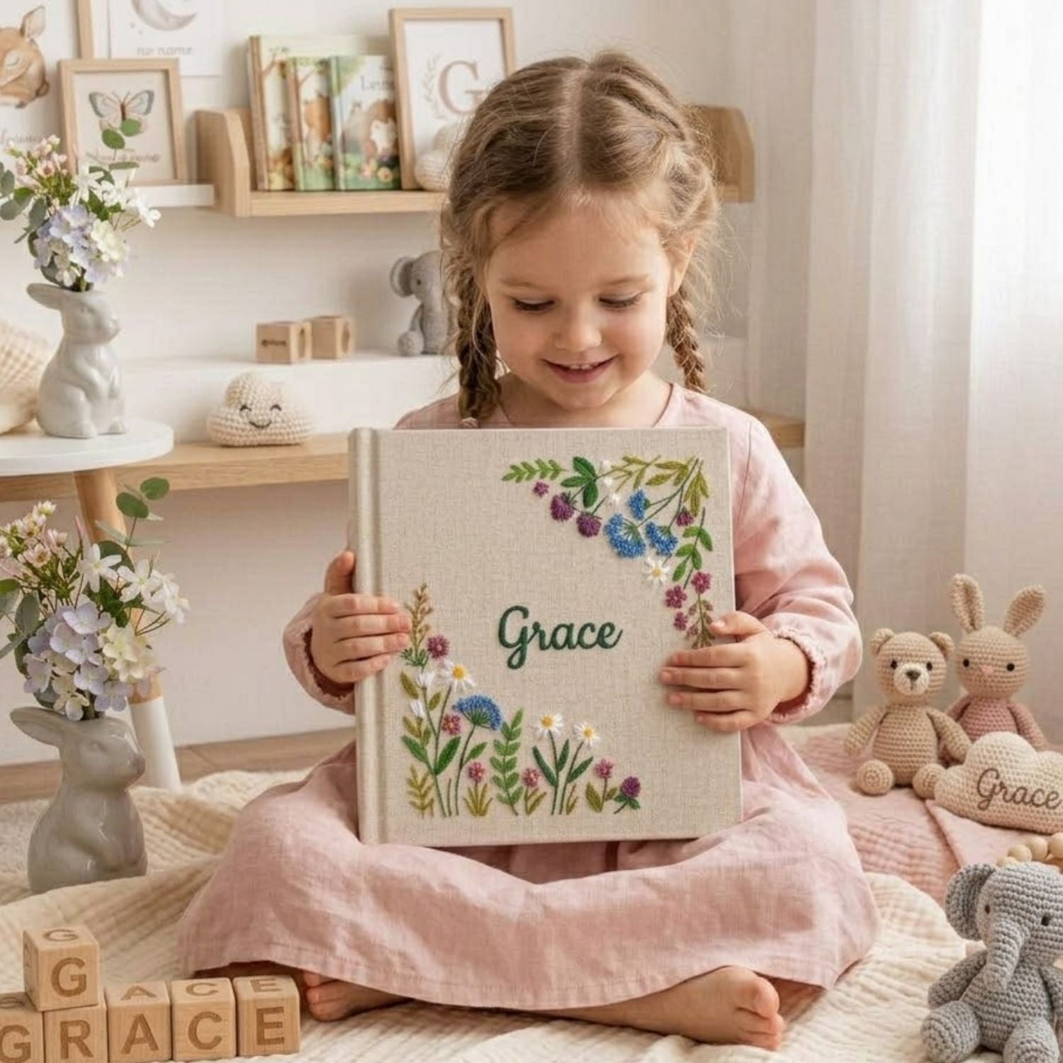 Personalized Baby Photo Album, Hand Embroidered Dinosaur Memory Book, Custom Name Keepsake, Woodland Nursery Gift, Newborn, Baby Shower Gift