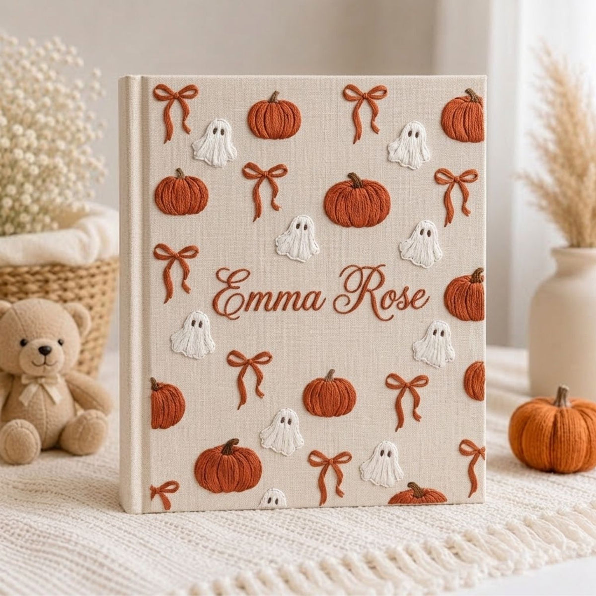 Hand Embroidered Baby Photo Album, Personalized Baby Memory Book, Custom Name Linen Album, Pumpkin Ghost Halloween Nursery Gift, Baby Keepsake