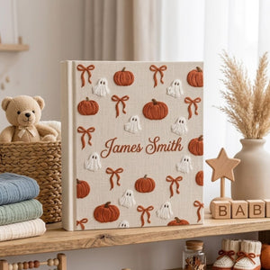 Hand Embroidered Baby Photo Album, Personalized Baby Memory Book, Custom Name Linen Album, Pumpkin Ghost Halloween Nursery Gift, Baby Keepsake