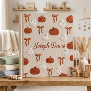 Hand Embroidered Baby Photo Album, Personalized Baby Memory Book, Custom Name Linen Album, Pumpkin Ghost Halloween Nursery Gift, Baby Keepsake