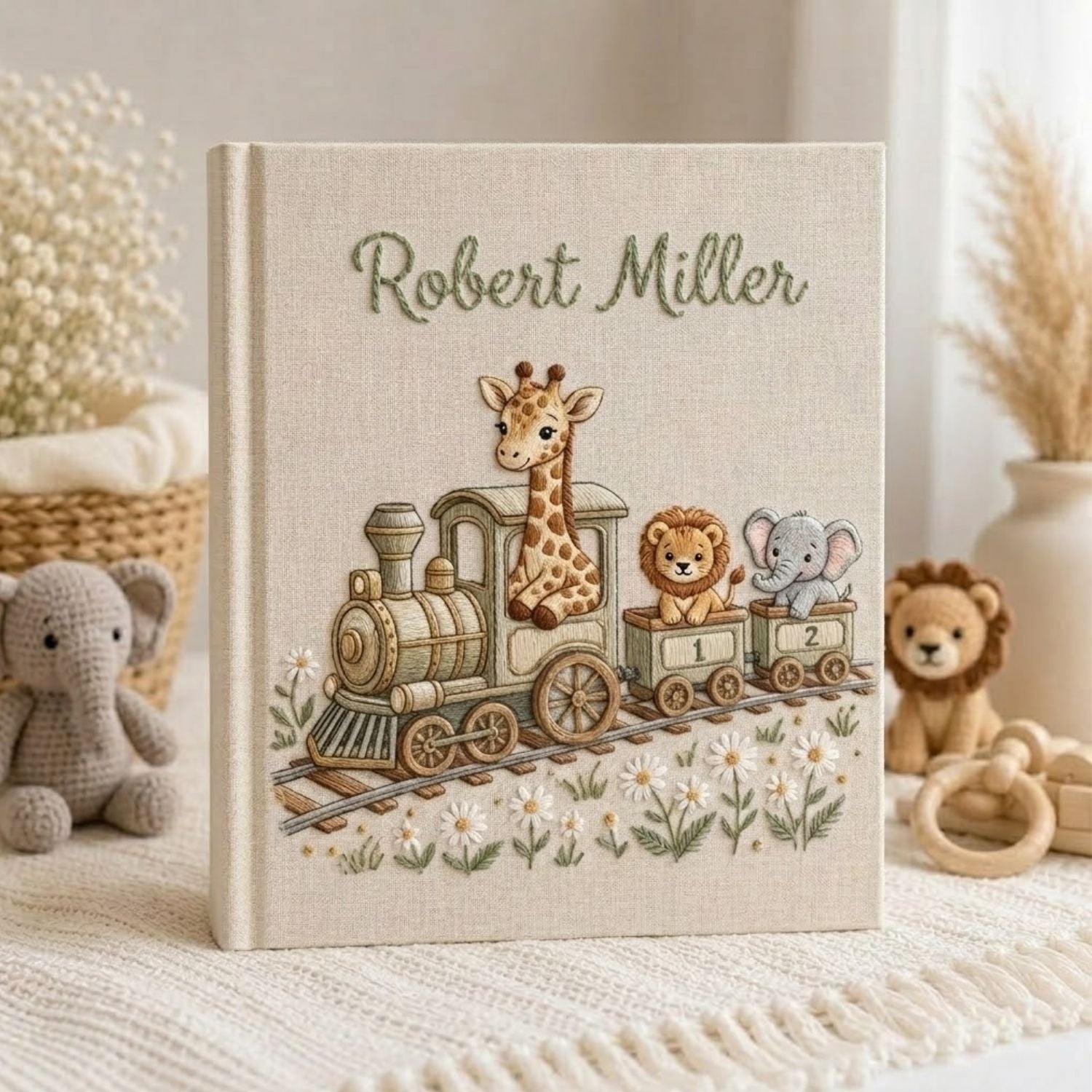 Hand Embroidered Baby Photo Album, Personalized Safari Baby Memory Book, Custom Name Linen Keepsake, Animal Train Nursery Gift