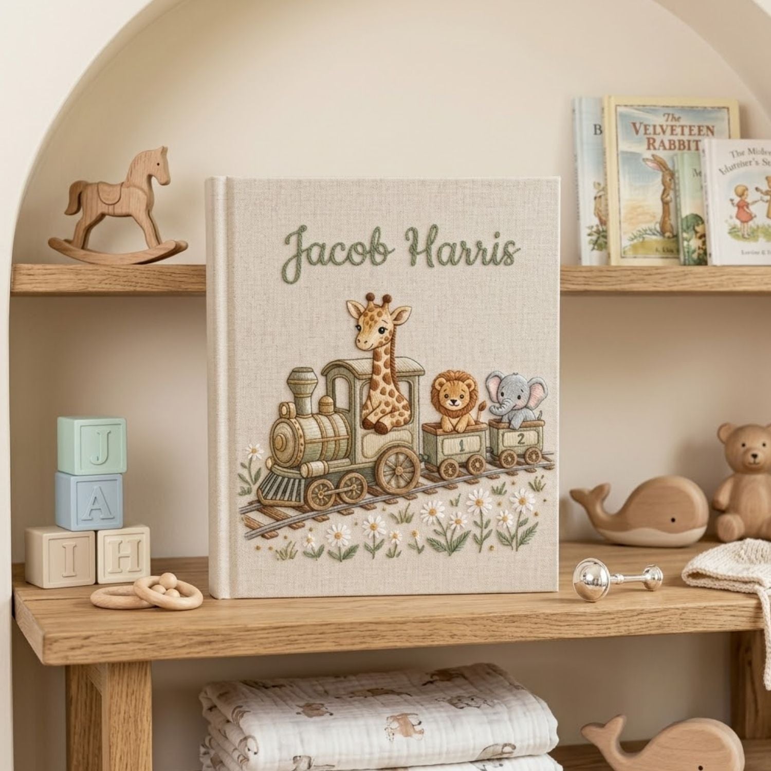 Hand Embroidered Baby Photo Album, Personalized Safari Baby Memory Book, Custom Name Linen Keepsake, Animal Train Nursery Gift