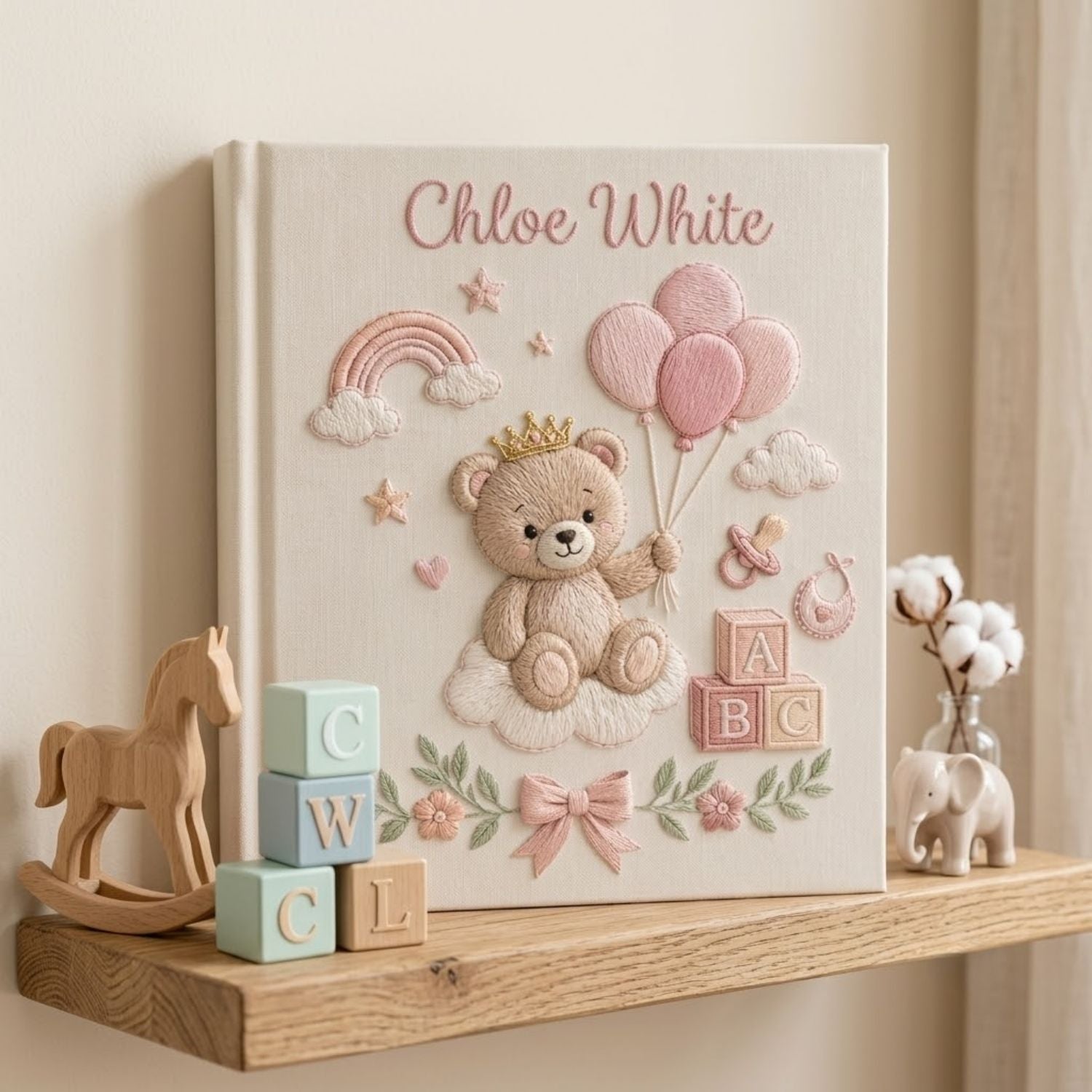 Hand Embroidered Baby Photo Album, Personalized Teddy Bear Memory Book, Custom Name Baby Girl Keepsake, Princess Nursery Gift