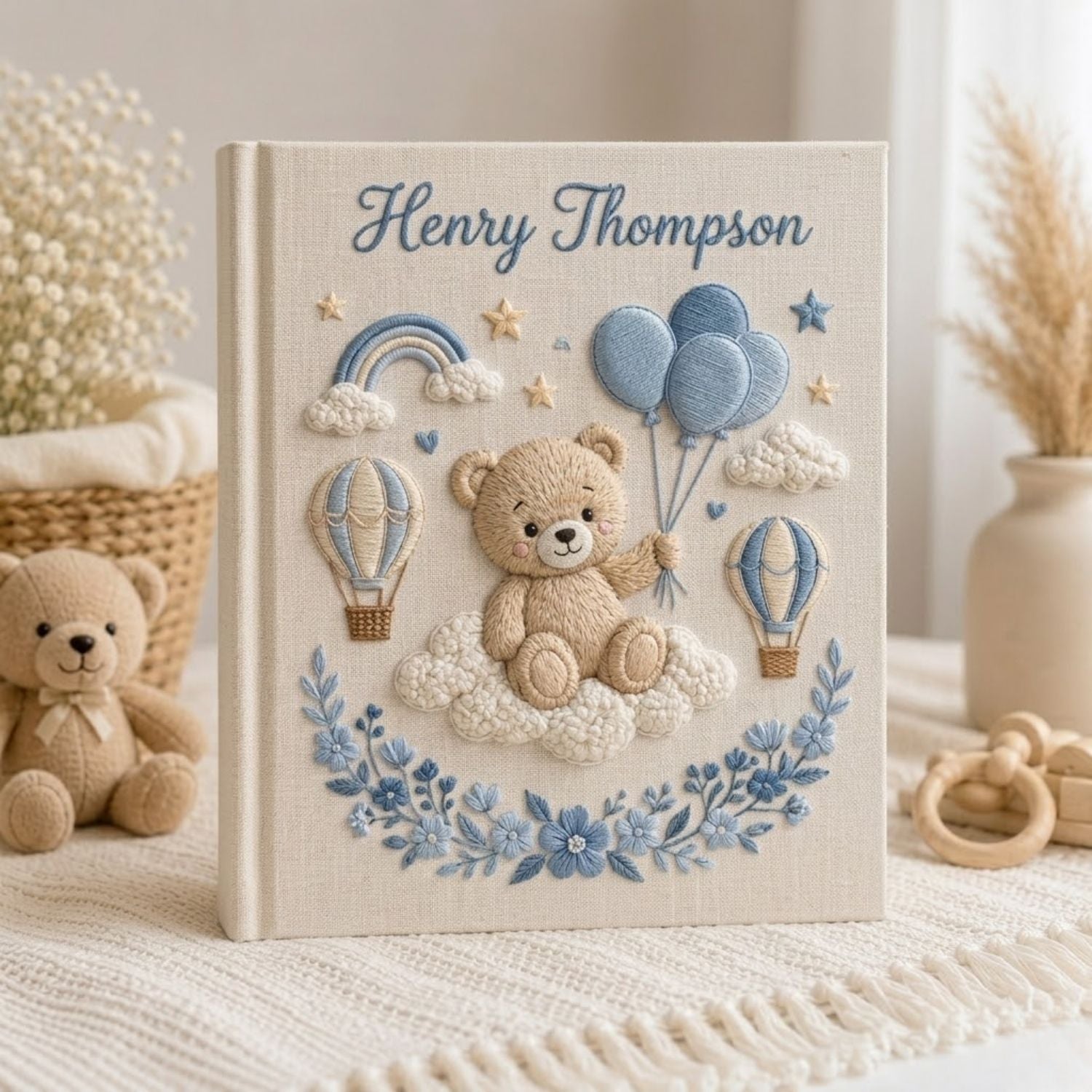 Hand Embroidered Baby Photo Album, Personalized Teddy Bear Memory Book, Custom Name Baby Boy Keepsake, Hot Air Balloon Nursery Gift