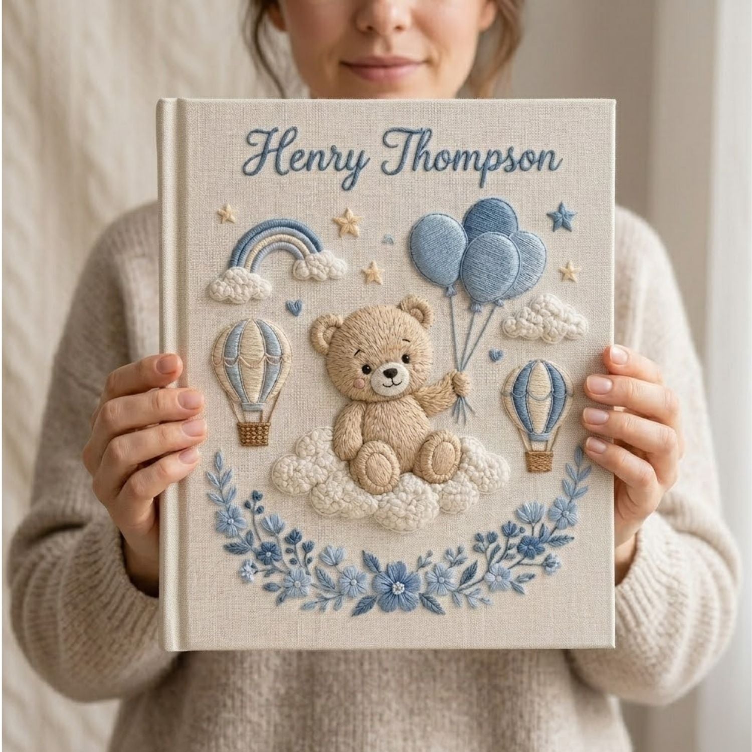 Hand Embroidered Baby Photo Album, Personalized Teddy Bear Memory Book, Custom Name Baby Boy Keepsake, Hot Air Balloon Nursery Gift