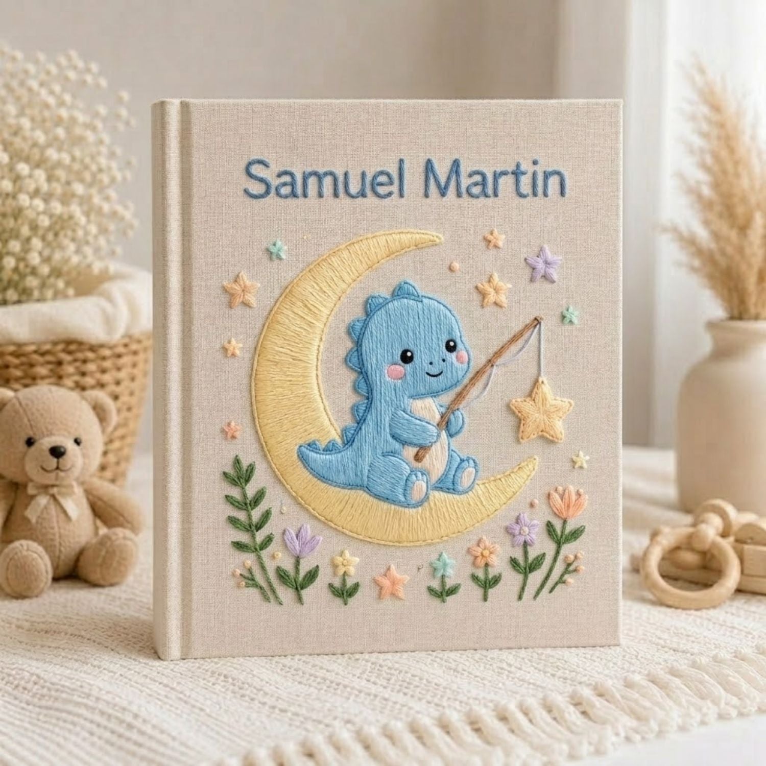 Hand Embroidered Baby Photo Album, Personalized Dinosaur Memory Book, Custom Name Baby Keepsake, Moon And Stars Nursery Gift
