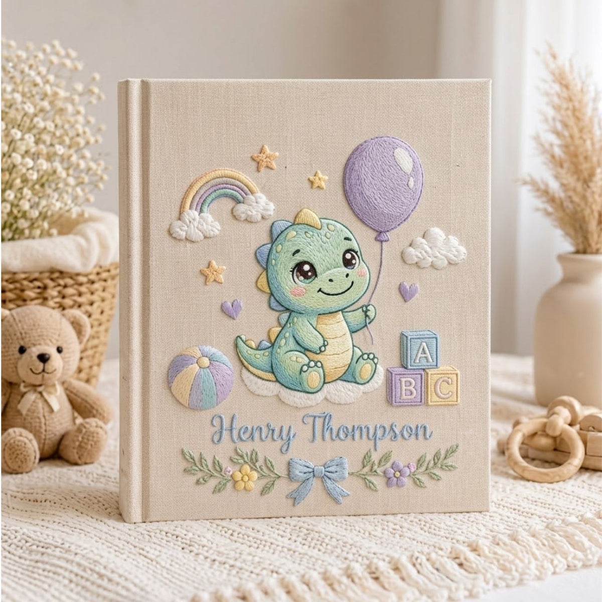 Personalized Hand Embroidered Baby Photo Album, Custom Name Baby Memory Book, Dinosaur Keepsake Album, Baby Shower Gift