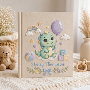 Personalized Hand Embroidered Baby Photo Album, Custom Name Baby Memory Book, Dinosaur Keepsake Album, Baby Shower Gift