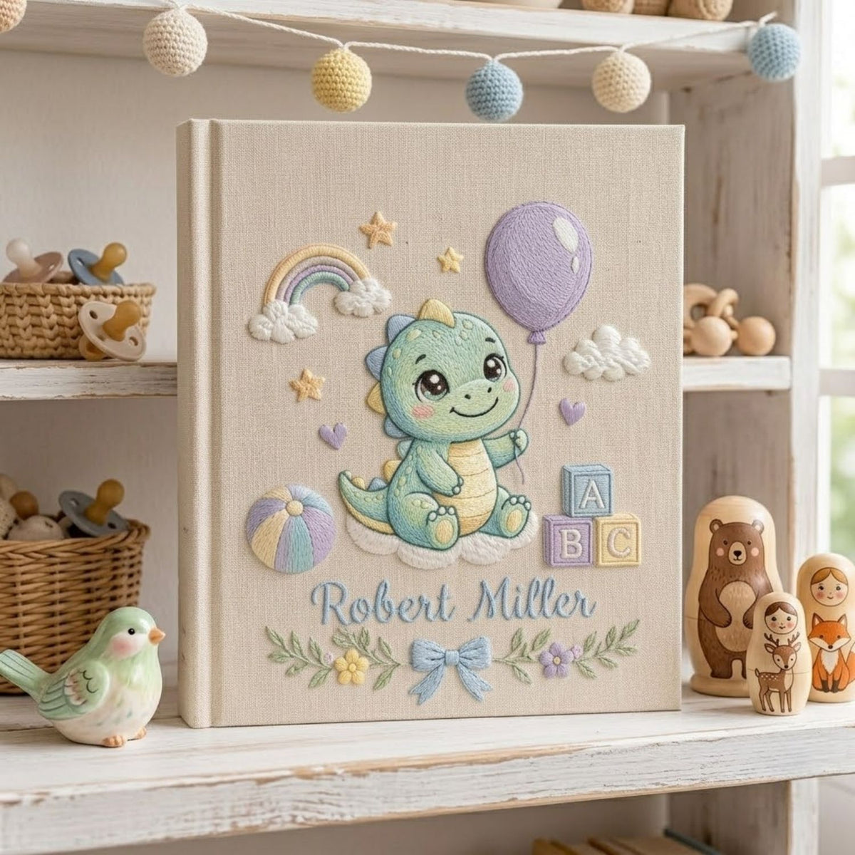 Personalized Hand Embroidered Baby Photo Album, Custom Name Baby Memory Book, Dinosaur Keepsake Album, Baby Shower Gift