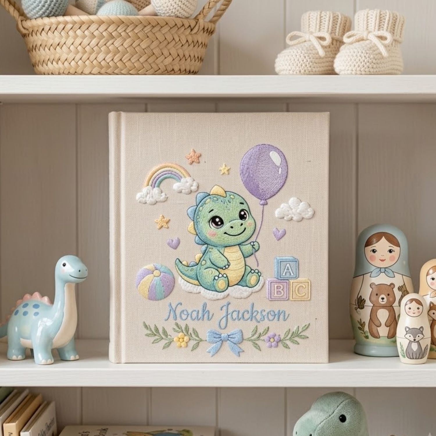 Personalized Hand Embroidered Baby Photo Album, Custom Name Baby Memory Book, Dinosaur Keepsake Album, Baby Shower Gift