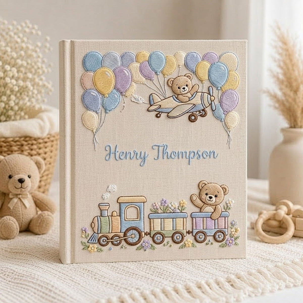 Hand Embroidered Baby Photo Album, Personalized Baby Album, Custom Name Keepsake Book, Teddy Bear Airplane Train Nursery Gift