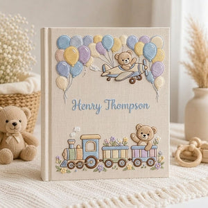 Hand Embroidered Baby Photo Album, Personalized Baby Album, Custom Name Keepsake Book, Teddy Bear Airplane Train Nursery Gift