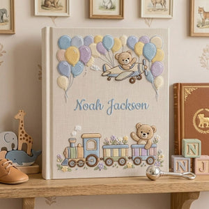 Hand Embroidered Baby Photo Album, Personalized Baby Album, Custom Name Keepsake Book, Teddy Bear Airplane Train Nursery Gift