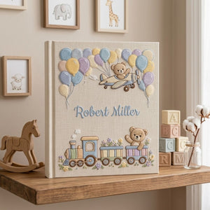 Hand Embroidered Baby Photo Album, Personalized Baby Album, Custom Name Keepsake Book, Teddy Bear Airplane Train Nursery Gift