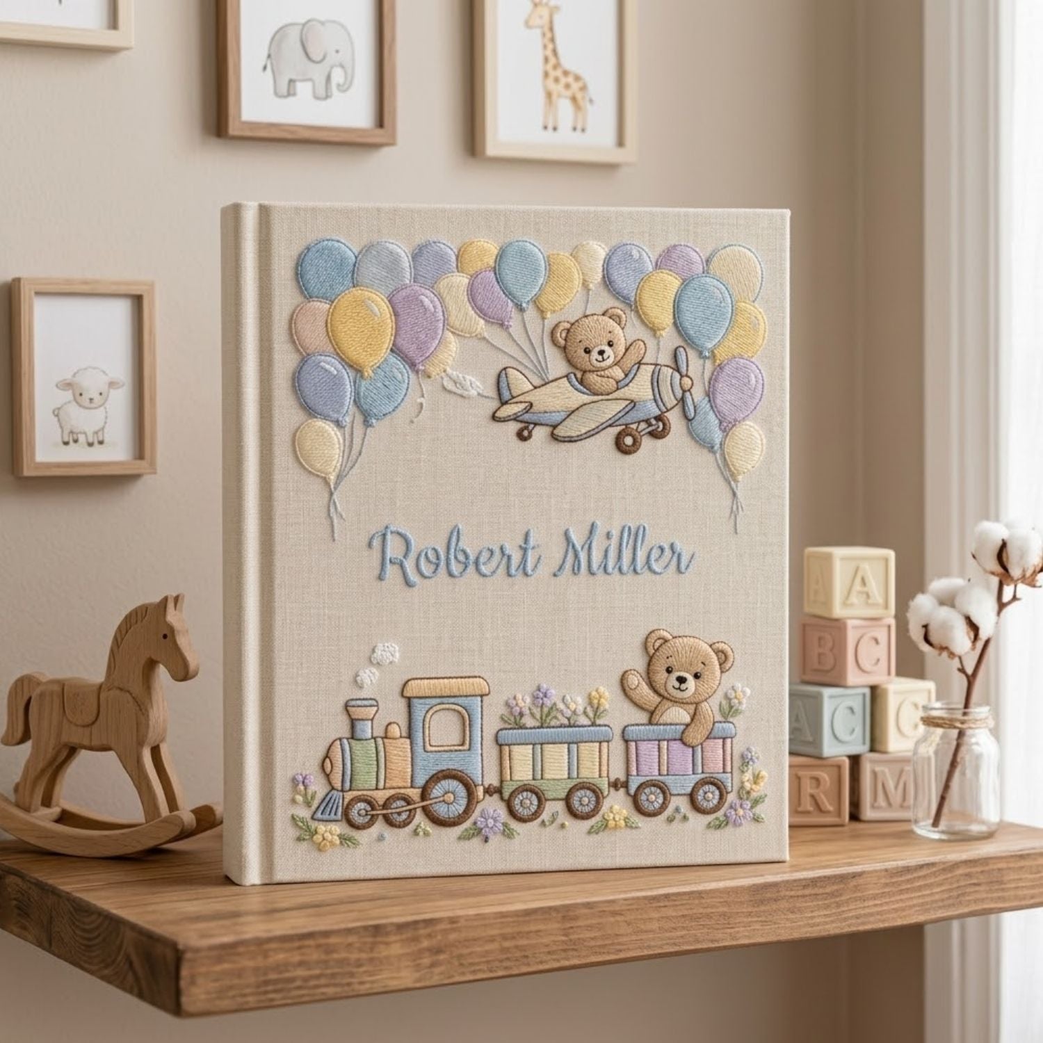 Hand Embroidered Baby Photo Album, Personalized Baby Album, Custom Name Keepsake Book, Teddy Bear Airplane Train Nursery Gift
