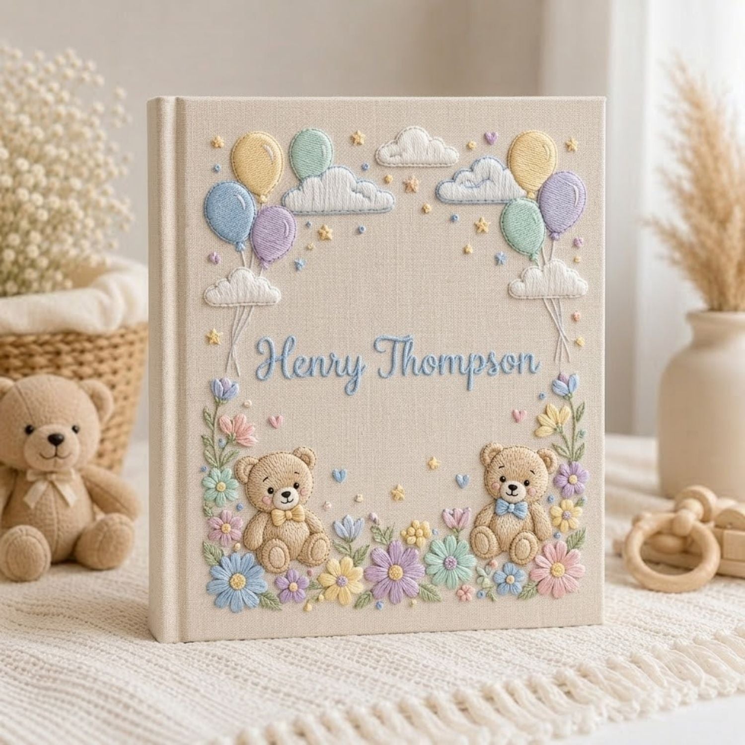 Hand Embroidered Baby Photo Album, Personalized Baby Memory Book, Custom Name Teddy Bear Floral Keepsake Album, Baby Shower Gift
