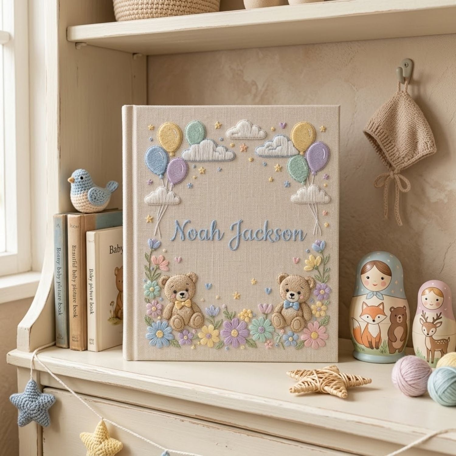 Hand Embroidered Baby Photo Album, Personalized Baby Memory Book, Custom Name Teddy Bear Floral Keepsake Album, Baby Shower Gift