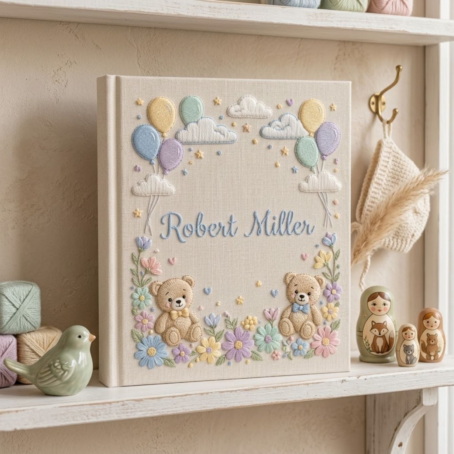 Hand Embroidered Baby Photo Album, Personalized Baby Memory Book, Custom Name Teddy Bear Floral Keepsake Album, Baby Shower Gift