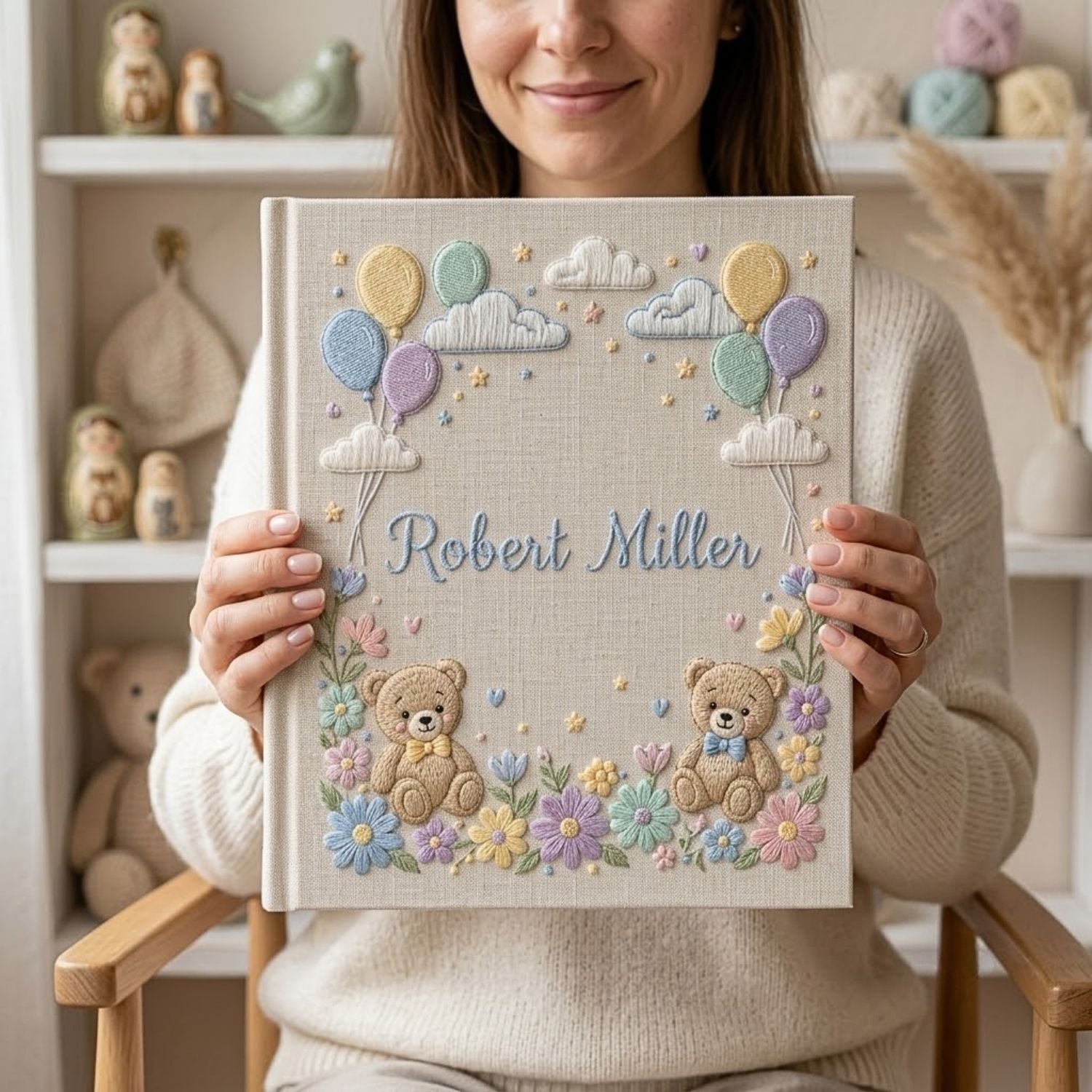 Hand Embroidered Baby Photo Album, Personalized Baby Memory Book, Custom Name Teddy Bear Floral Keepsake Album, Baby Shower Gift