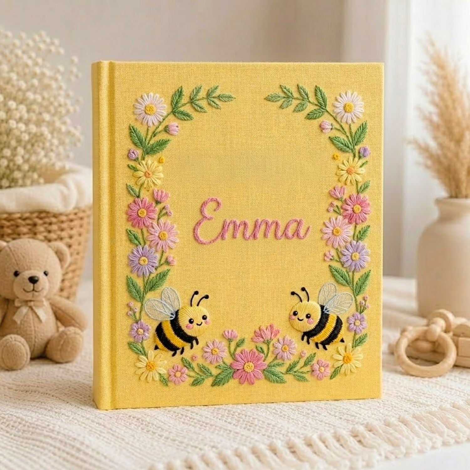Hand Embroidered Baby Photo Album, Personalized Floral Baby Album, Custom Name Bee Garden Memory Book, Baby Shower Keepsake Gift