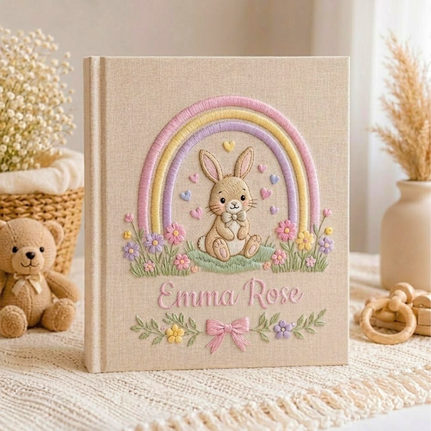 Hand Embroidered Baby Photo Album, Custom Name Baby Memory Book, Bunny Rainbow Nursery Album, Personalized Baby Shower Gift