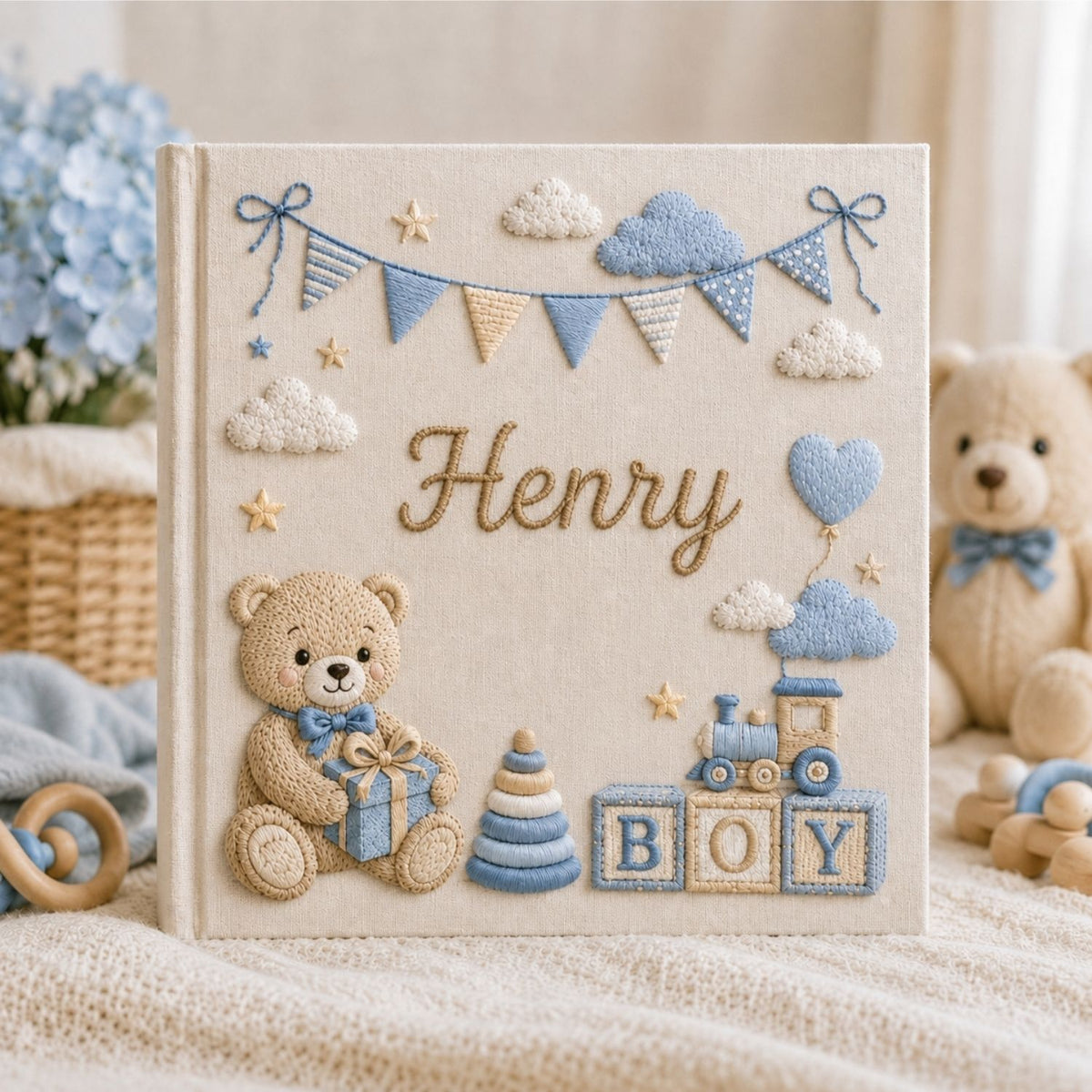 Hand Embroidered Baby Photo Album, Custom Name Baby Memory Book, Teddy Bear Boy Nursery Album, Personalized Baby Shower Gift