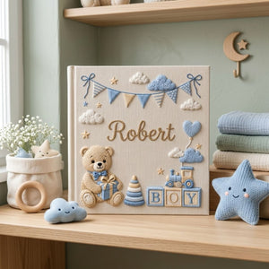 Hand Embroidered Baby Photo Album, Custom Name Baby Memory Book, Teddy Bear Boy Nursery Album, Personalized Baby Shower Gift
