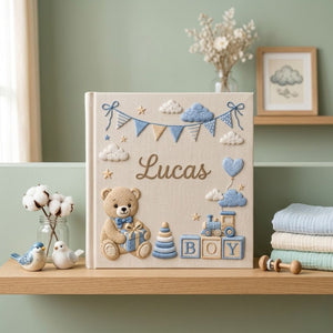 Hand Embroidered Baby Photo Album, Custom Name Baby Memory Book, Teddy Bear Boy Nursery Album, Personalized Baby Shower Gift