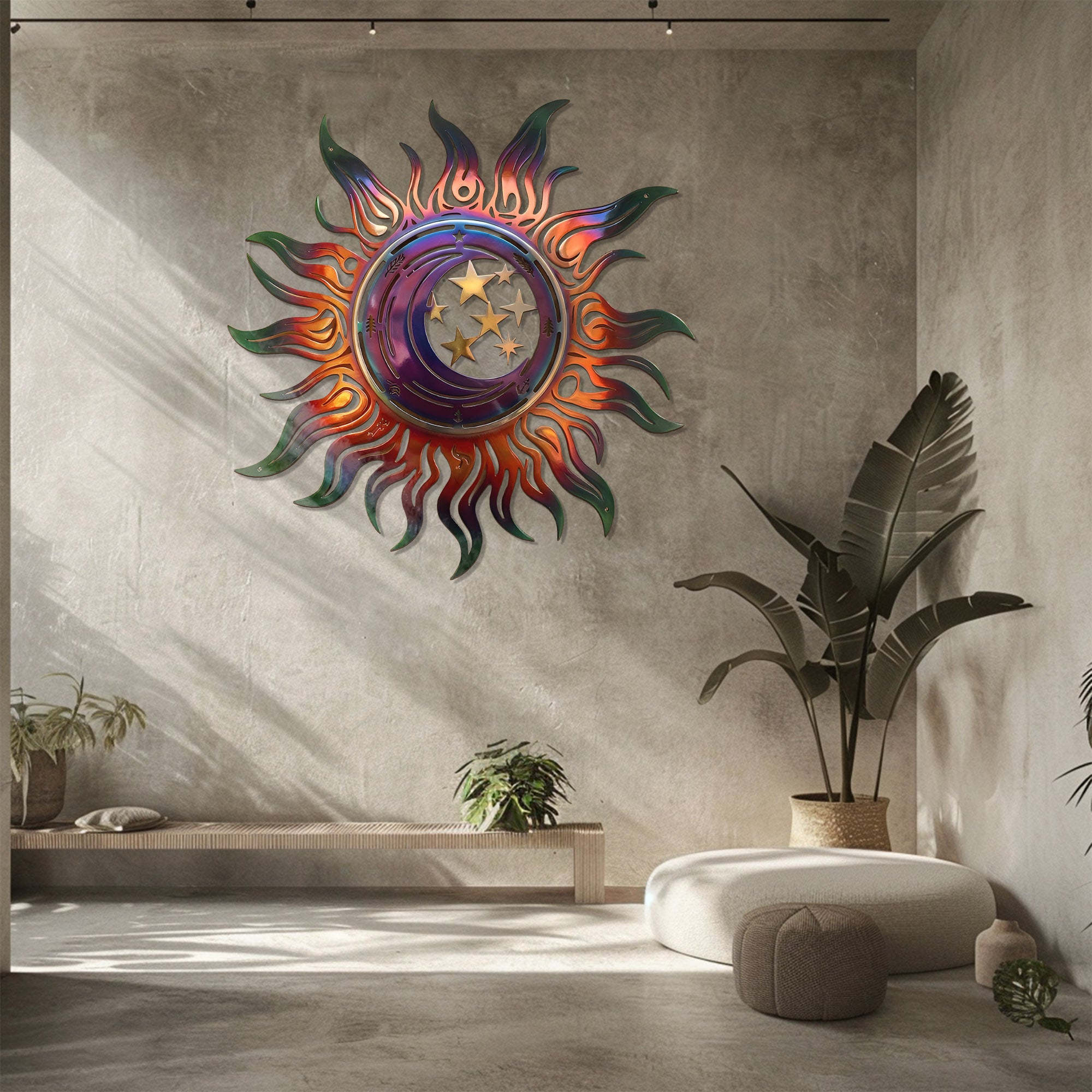 Celestial Sun Wall Art – Boho Cosmic Aluminum Metal Decor for Indoor &amp; Outdoor Home Display