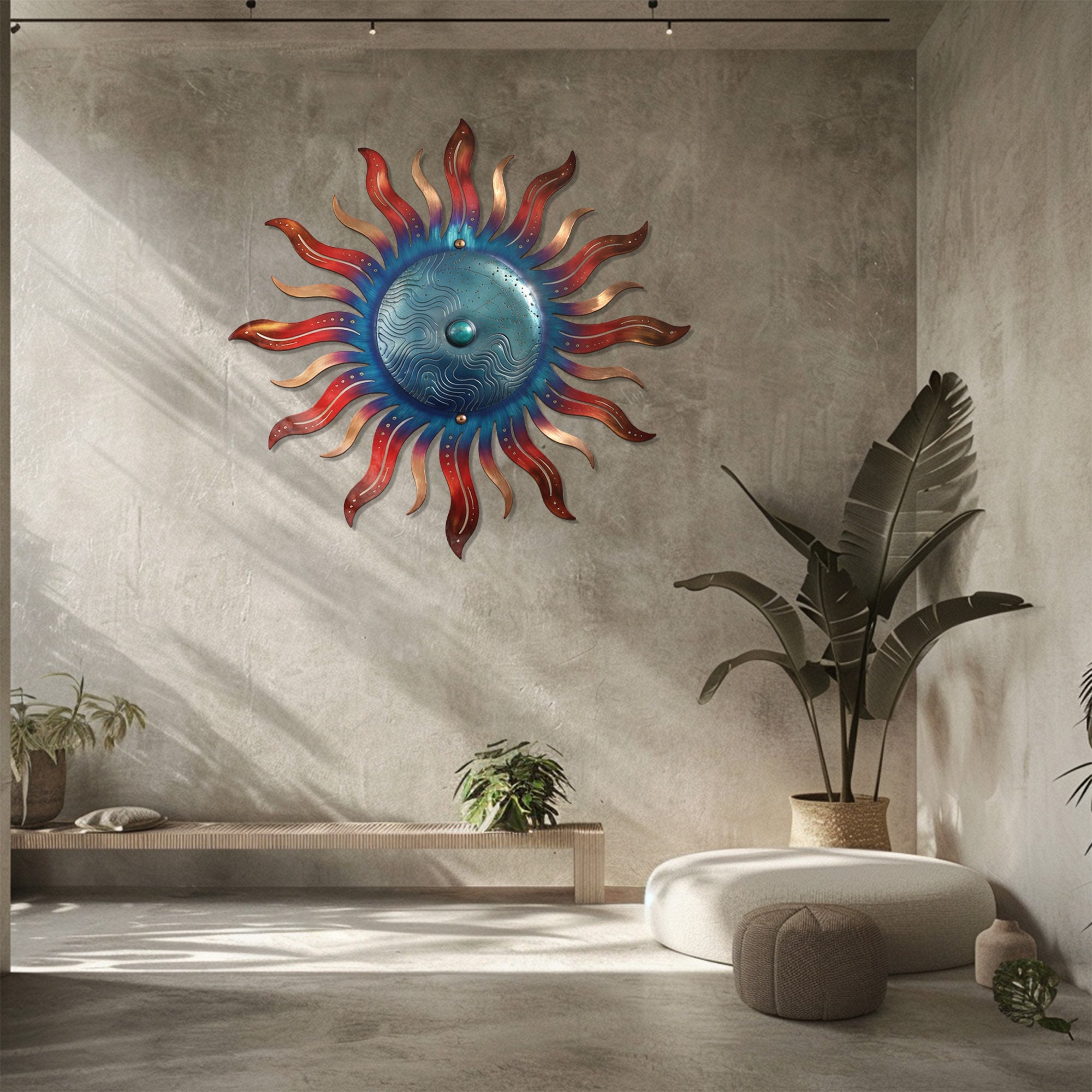 Blue Sun Wall Art – Coastal Boho Aluminum Metal Decor for Indoor &amp; Outdoor Home Spaces