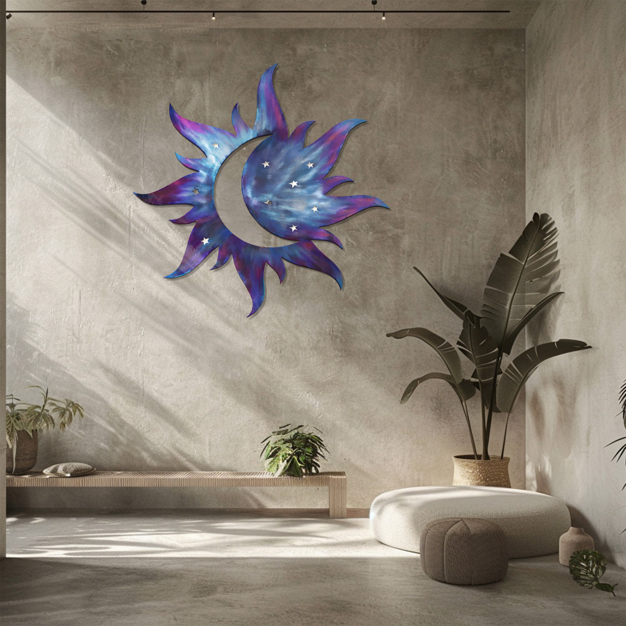 Celestial Sun Moon Wall Art – Galaxy Style UV Printed Metal Decor for Bedroom &amp; Living Room
