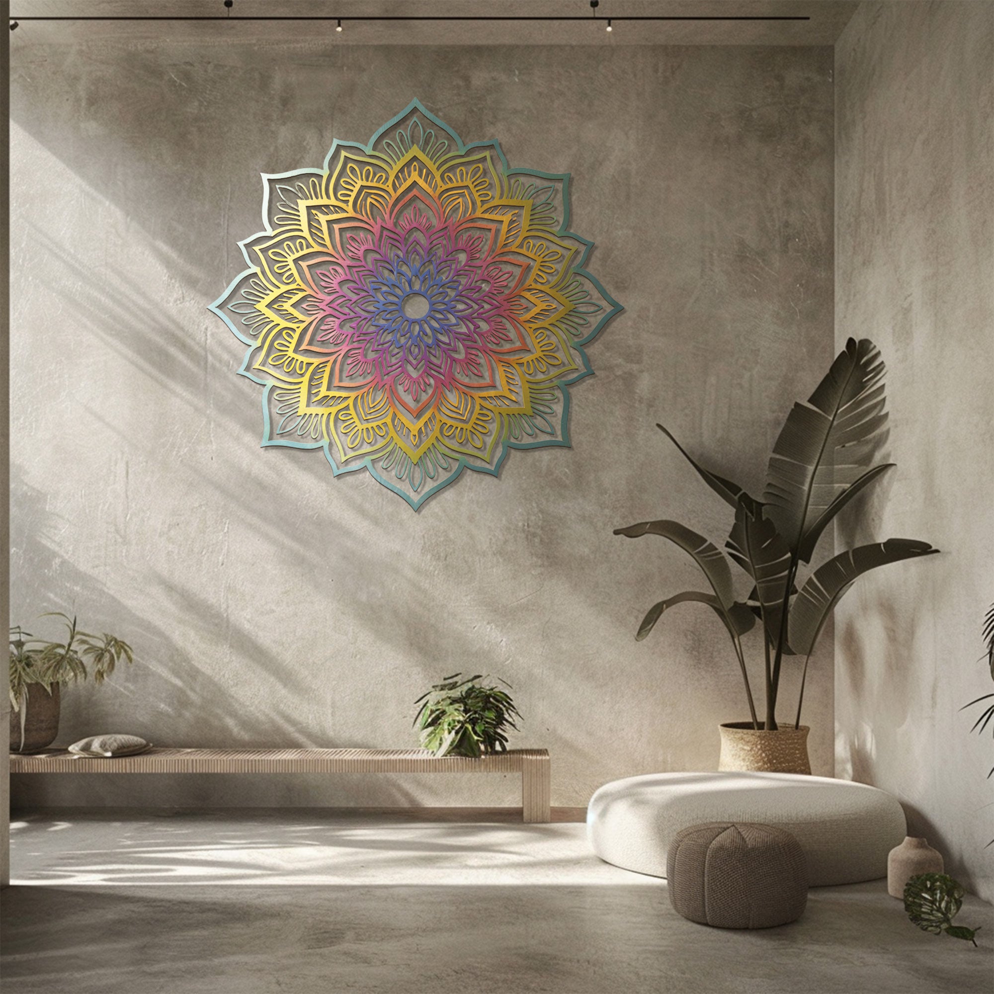 Mandala Flower Wall Art – Boho Rainbow Style UV Printed Metal Decor for Living Room &amp; Meditation Space