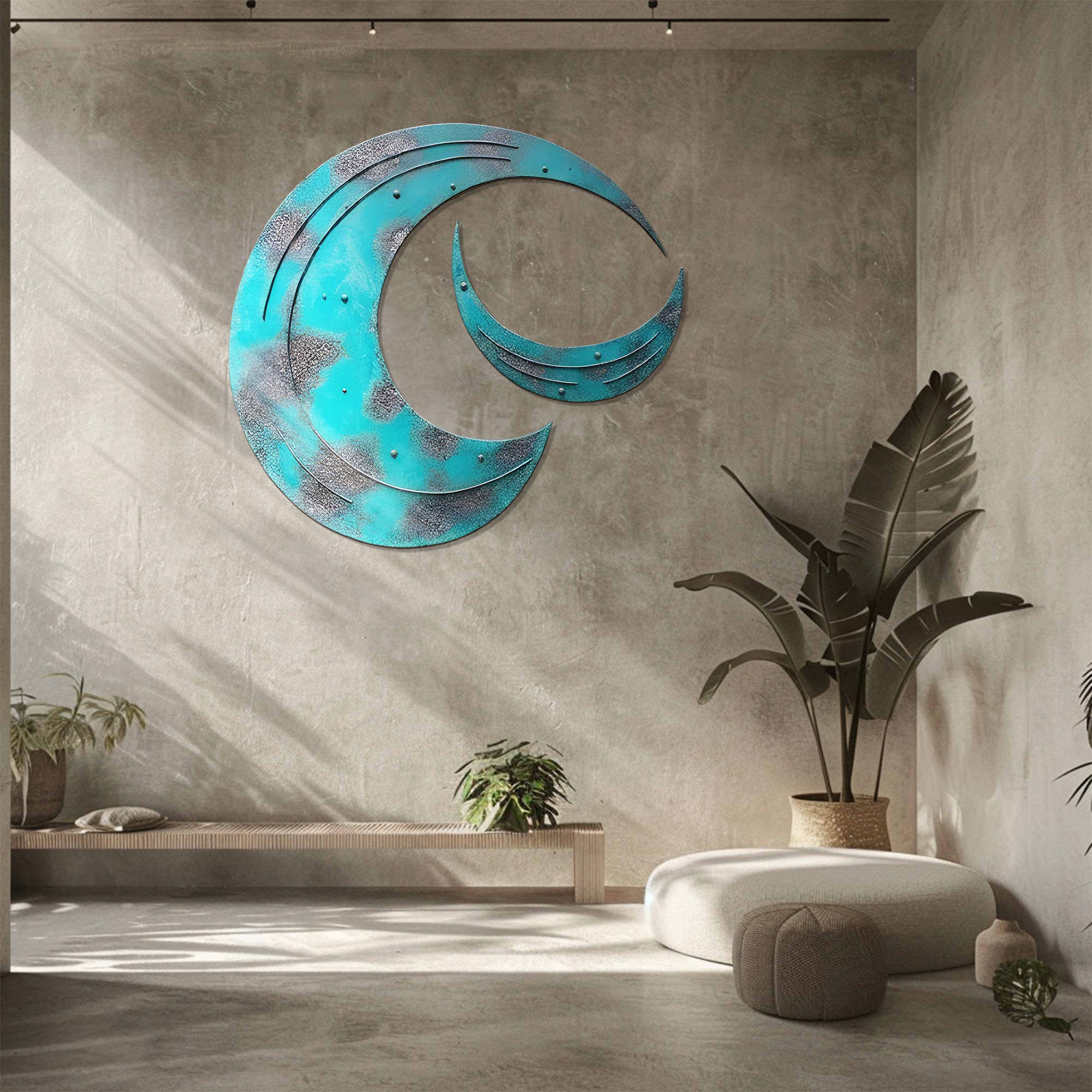 Crescent Moon Wall Art – Rustic Patina Style UV Printed Metal Decor for Bedroom &amp; Outdoor Garden
