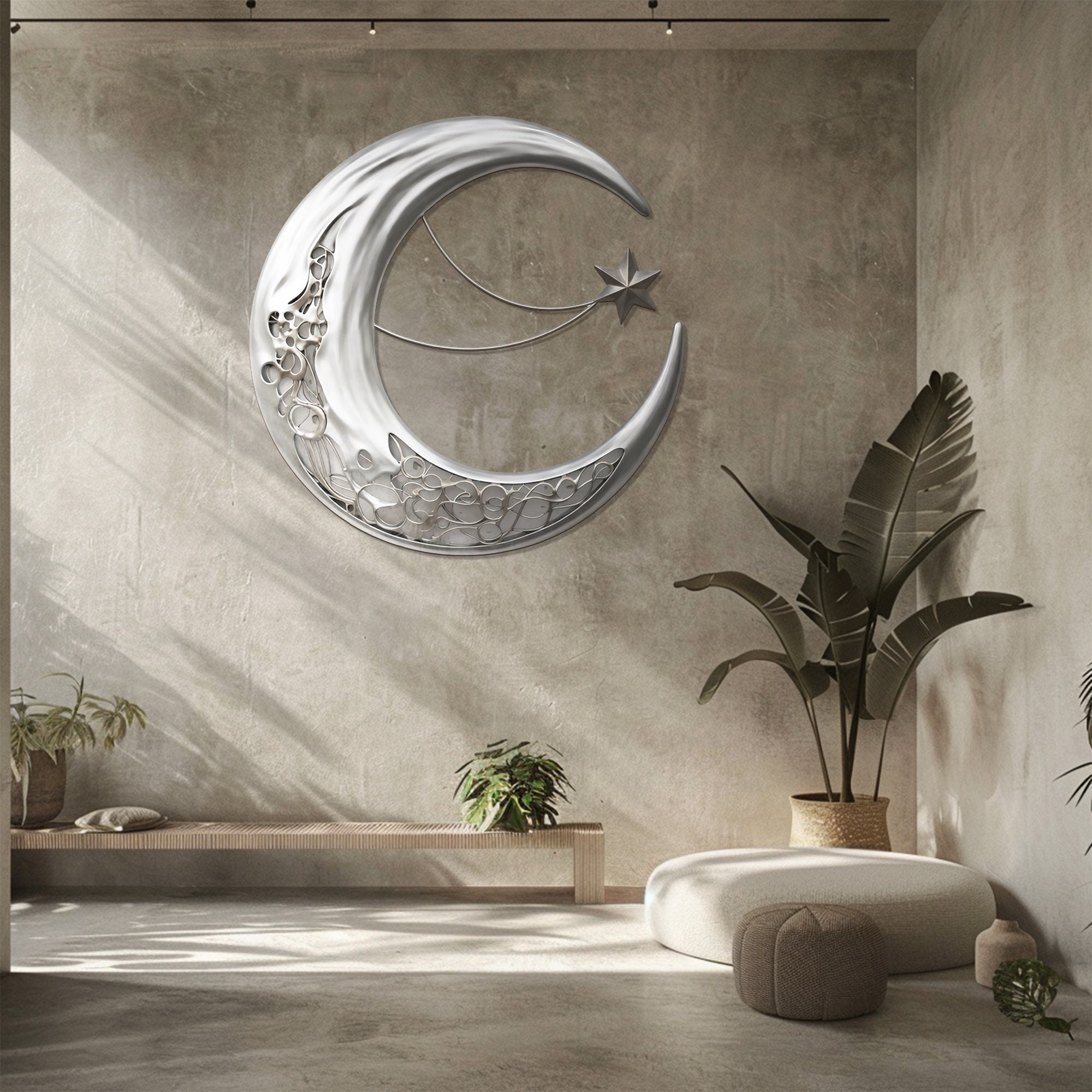 Silver Crescent Moon Wall Art – Modern Celestial UV Printed Metal Decor for Living Room &amp; Bedroom