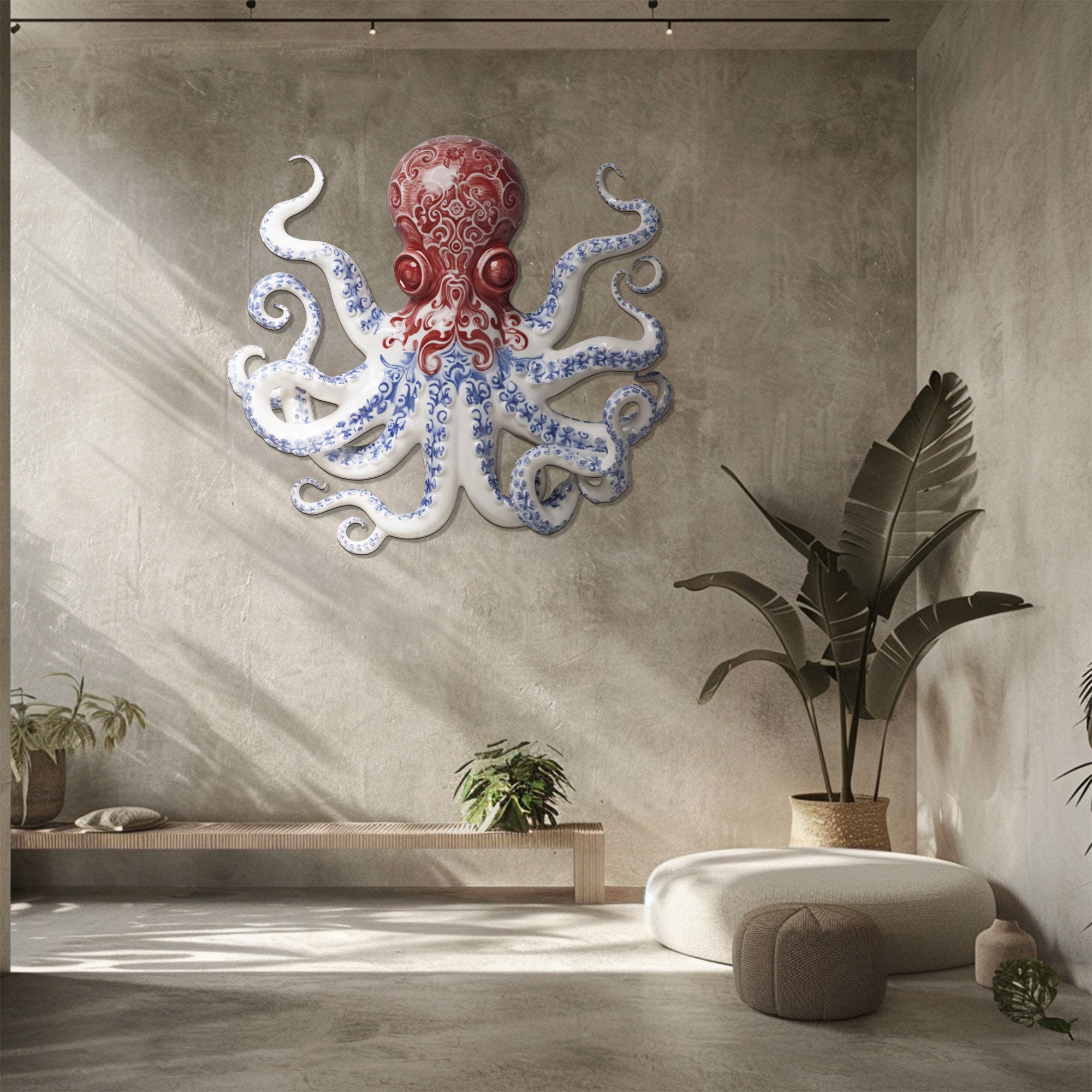 Red Blue Chinoiserie Octopus – Elegant Porcelain Style Metal Wall Art Decor for Home &amp; Outdoor