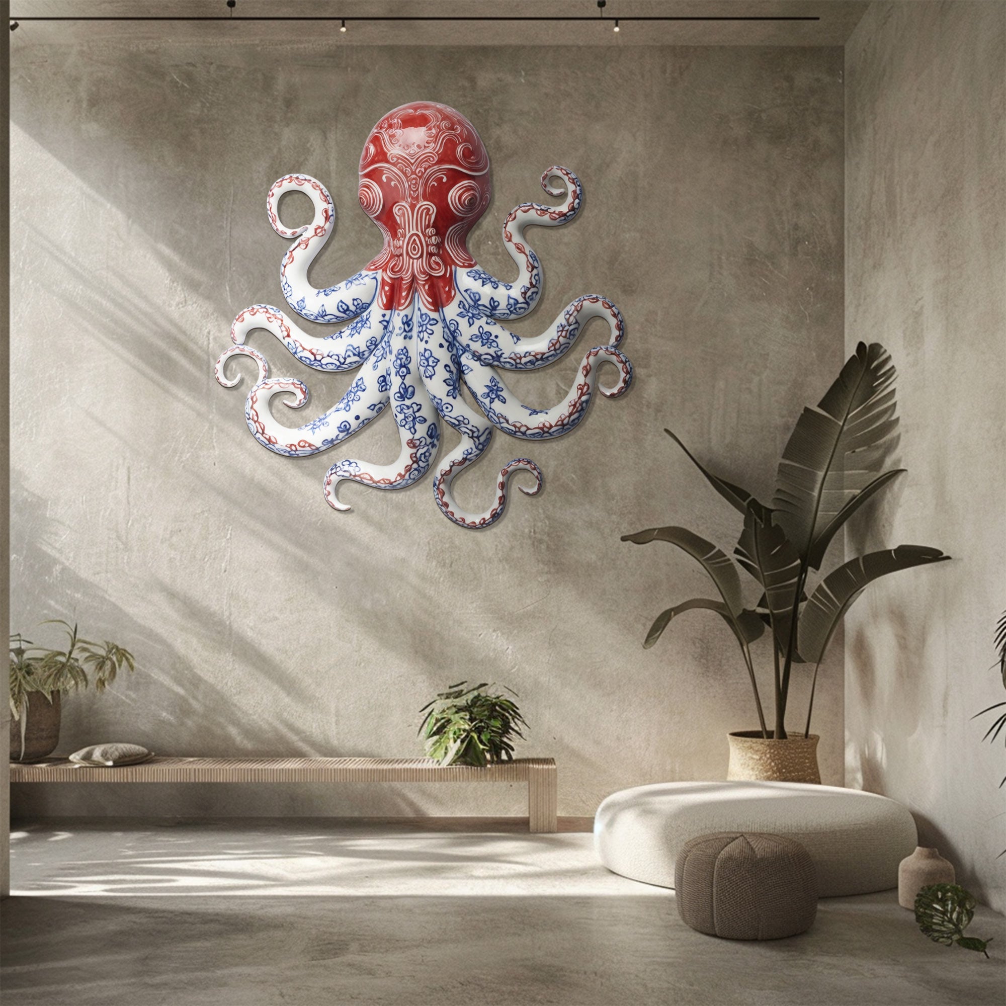 Red Chinoiserie Octopus – Elegant Blue &amp; White Porcelain Style Metal Wall Art Decor