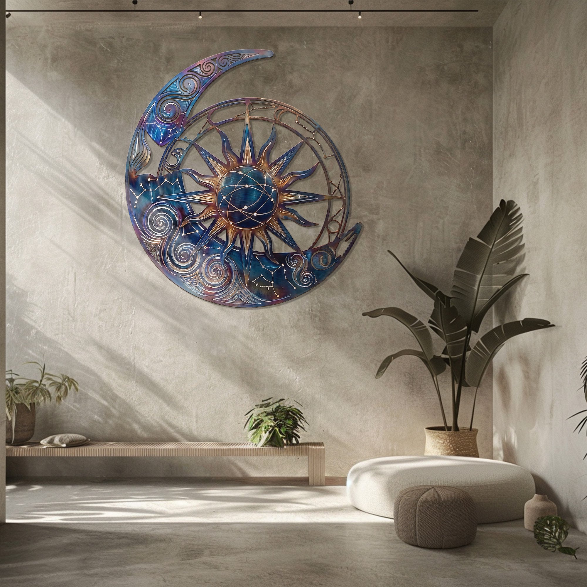 Sun Moon Metal Wall Art – Boho UV Printed Aluminum Wall Decor for Indoor Outdoor Space