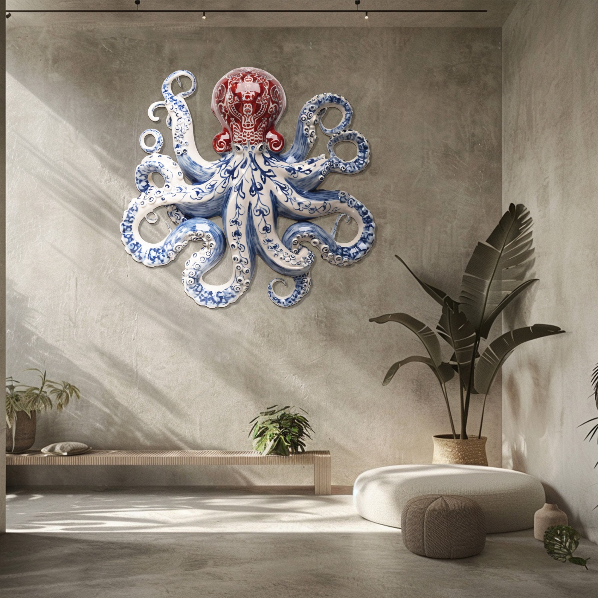 Blue Red Chinoiserie Octopus – Elegant Porcelain Style Metal Wall Art Decor for Home &amp; Outdoor