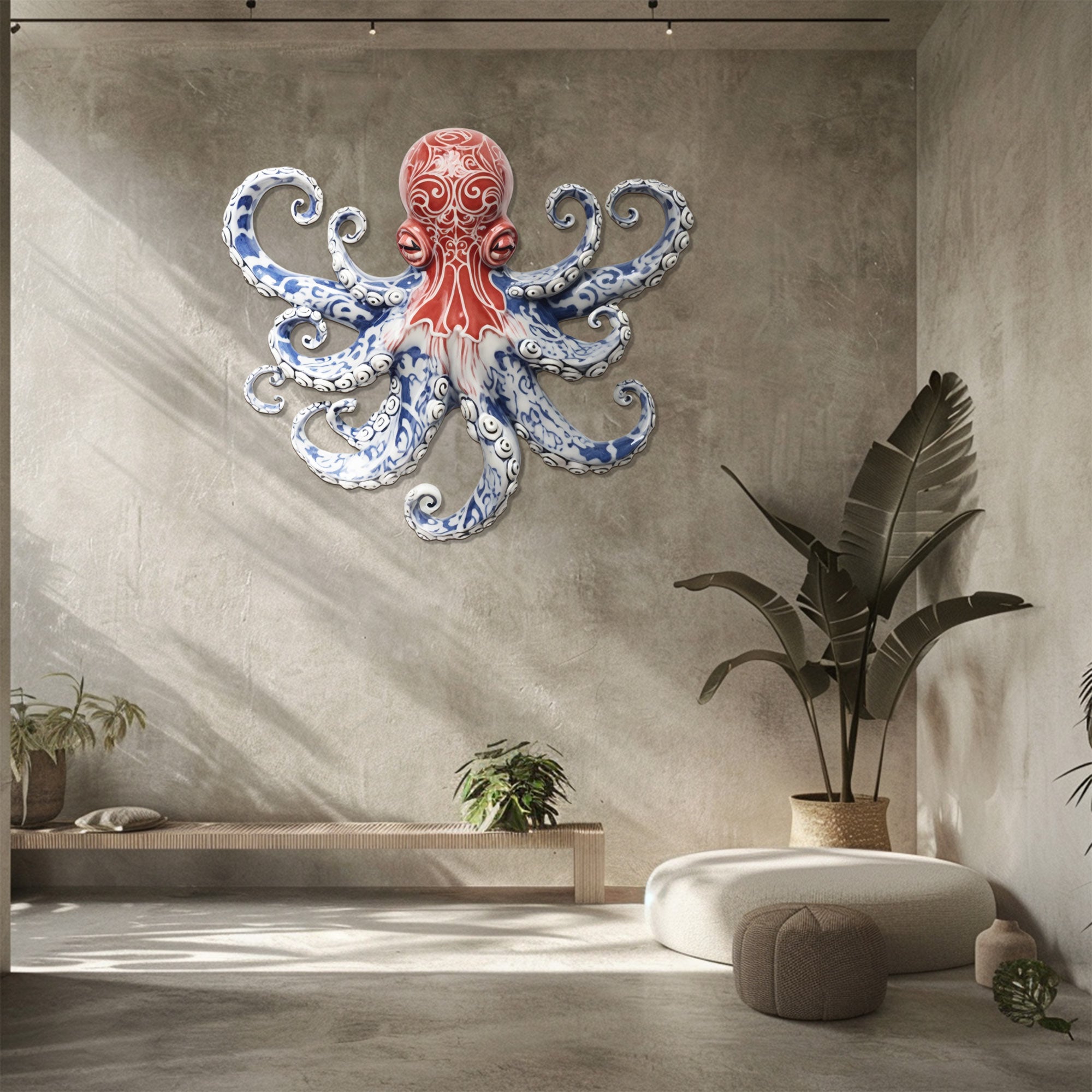 Red Blue Chinoiserie Octopus – Elegant Porcelain Style Metal Wall Art Decor for Home &amp; Outdoor