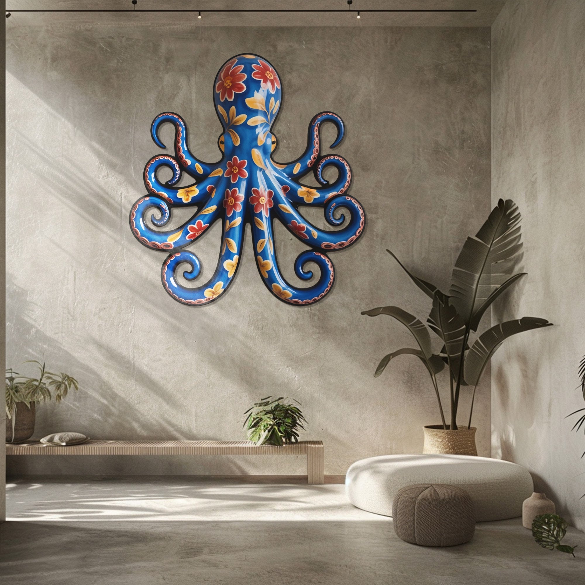 Floral Blue Octopus – Vibrant Mexican Talavera Style Metal Wall Art Decor for Home &amp; Outdoor