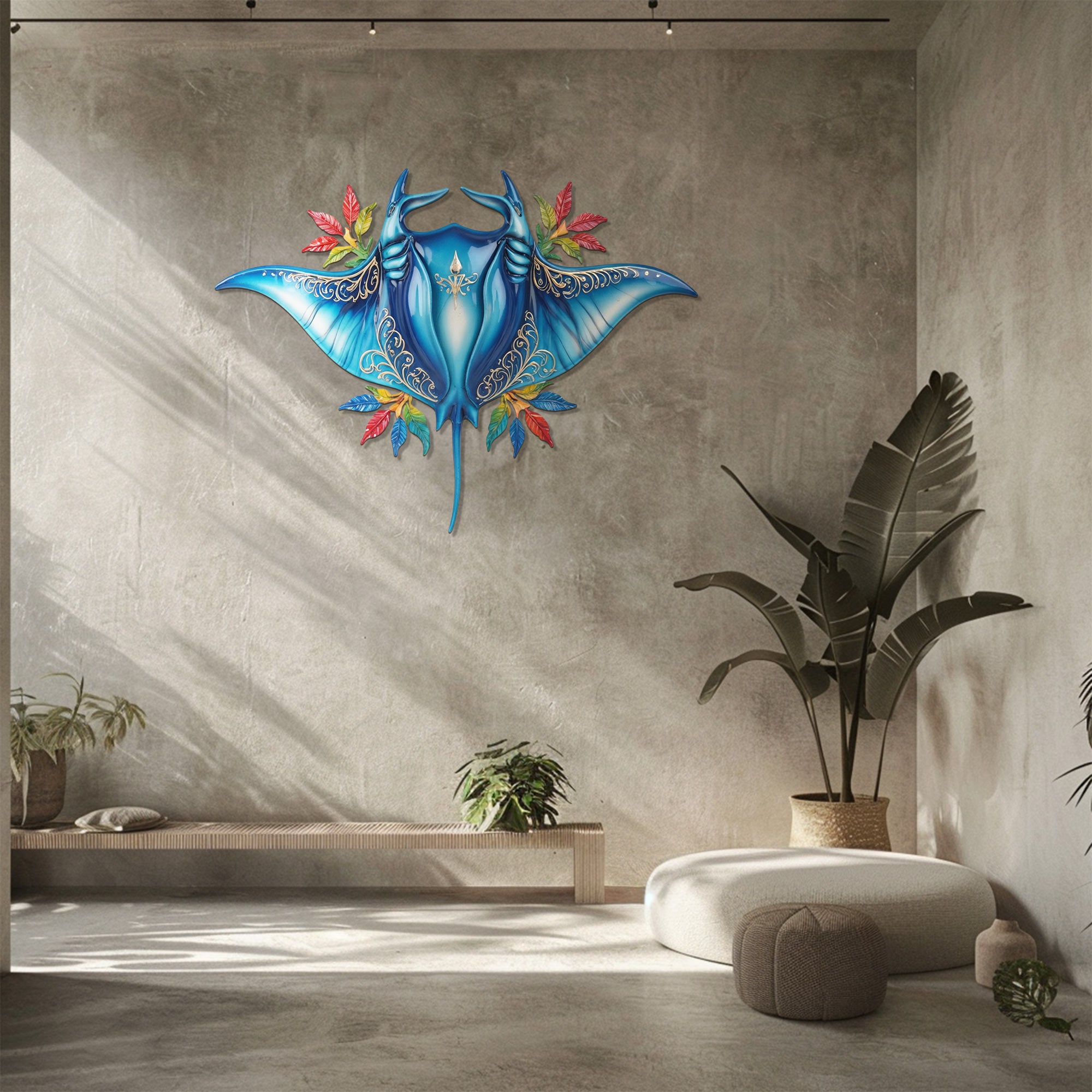 Blue Tropical Stingray – Vibrant Fantasy Style Metal Wall Art Decor for Home &amp; Outdoor